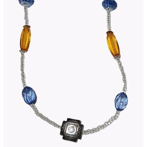 Vintage Beaded Necklace  Ornate Silver Tone Pendant Blue Orange Glass Beads
